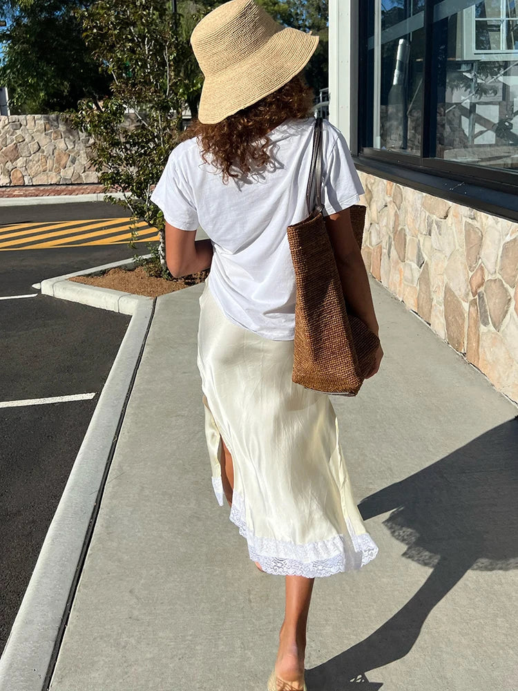 Satin Lace Trim Midi Skirt