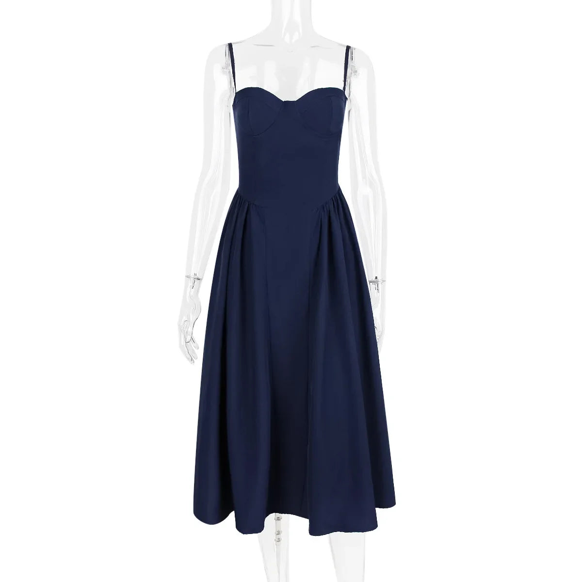 Solid Spaghetti Strap Bustier Pleated Midi Dress