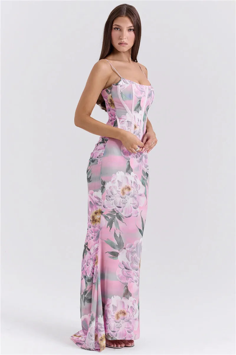 Pink Printed Corset Maxi Dres