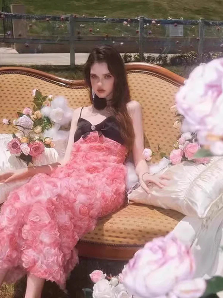 Pink 3d Floral Straight Midi Dress