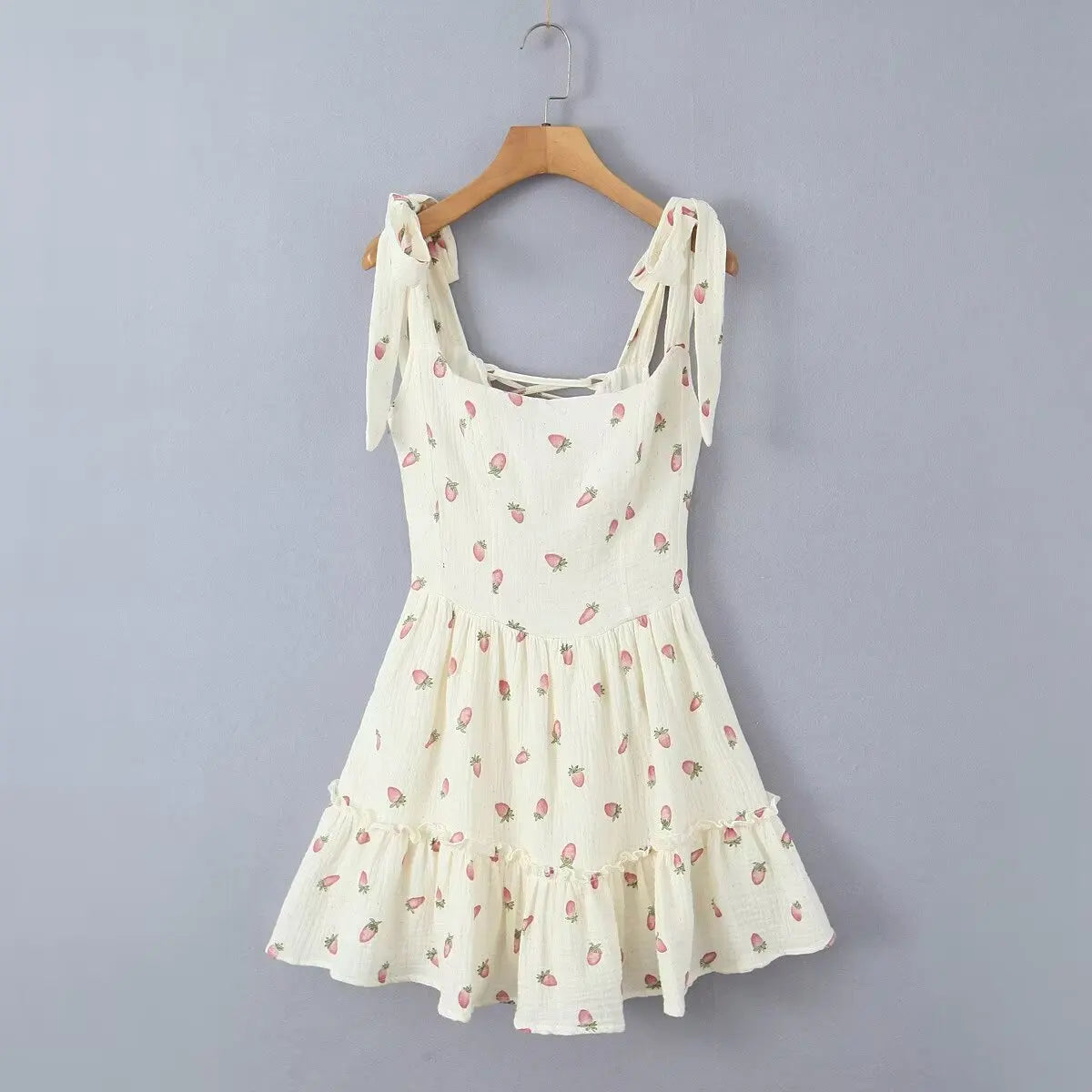 Beige Strawberry Print Tie Strap Mini Dress