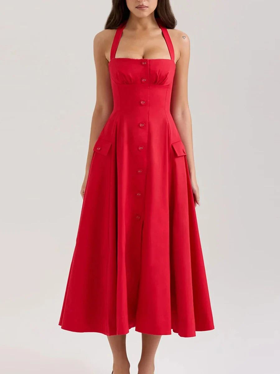 Printed Halter Flare Midi Dress