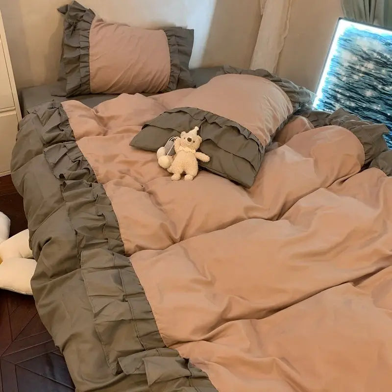 Princess Style Bedding Set No Filling Korean Romantic Ruffles Blue Purple Single Double Queen Size Duvet Cover Sheet Pillowcase