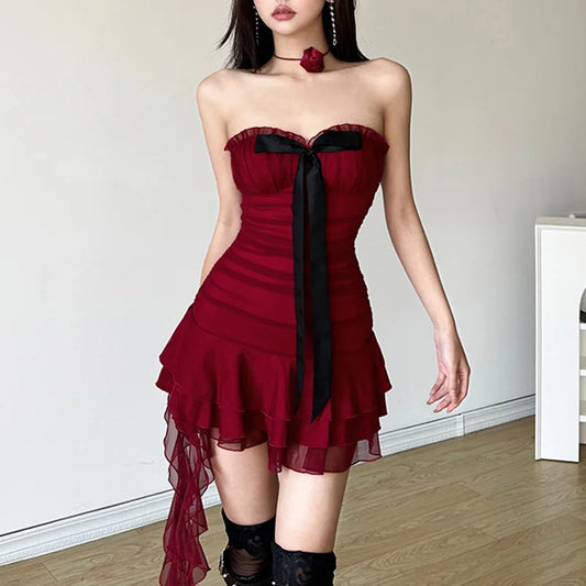 Red Tube Ruched Bow Mini Dress