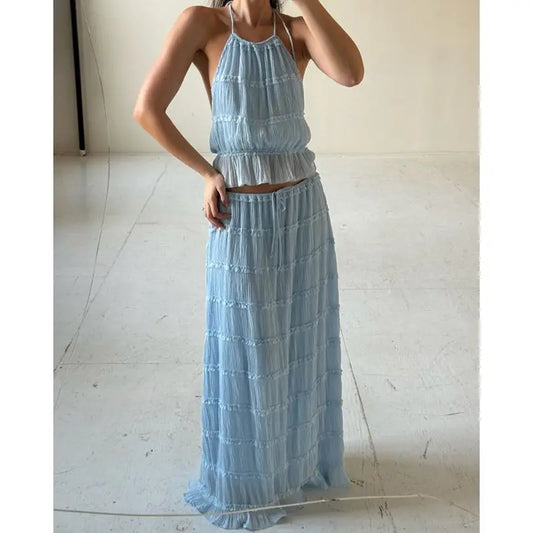 Blue Smocked Open Back Top And Drawstring Long Tiered Skirt
