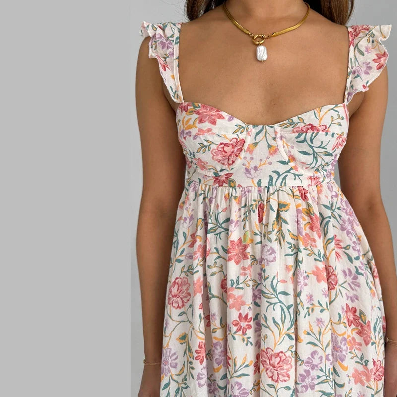 Floral/Solid Frill Strap Flowy Mini Dress