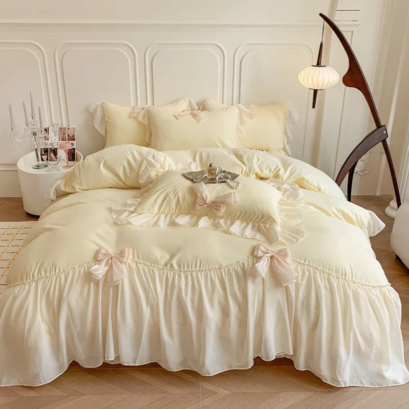 Korean Princess Style Bedding Sets Ruffle Lace Bow Quilt Cover Romantic Bedclothes Decor Woman Girls Bedroom/ Bedding Set