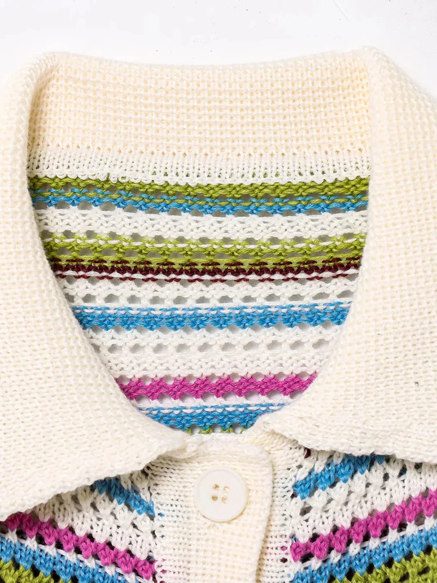 Stripe Colourful Collar Buttoned Shirt And Shorts Set