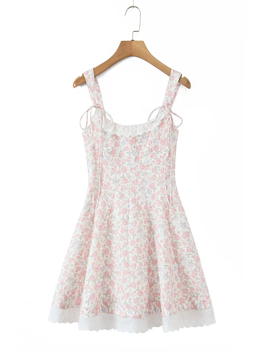 Pink Floral Tie Up Eyelet Trim Mini Dress