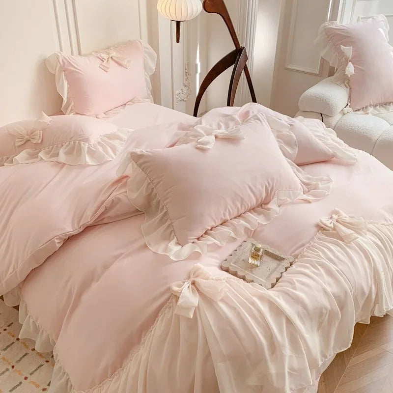 Korean Princess Lace Bedding Set Beautiful Solid Color Lace Pleated Duvet Cover Luxury Girl Wedding Home Textile Bed Sheet Cover