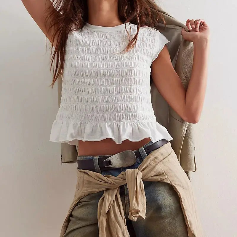 Smocked Ruffle Hem Short Sleeve Top