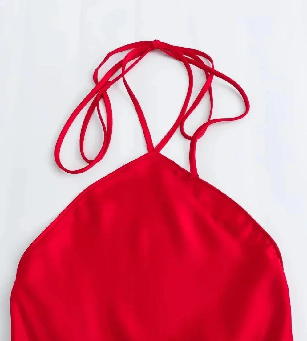 Red Satin Halter Maxi Dress