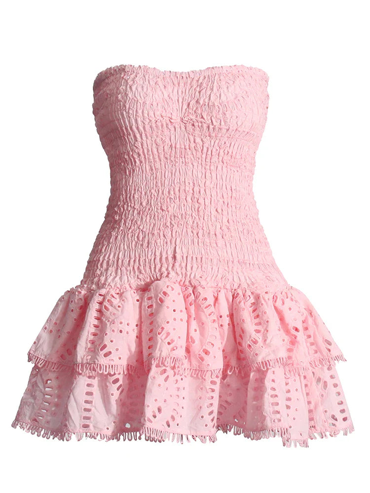 Ruched Strapless Embroidered Frill Mini Dress