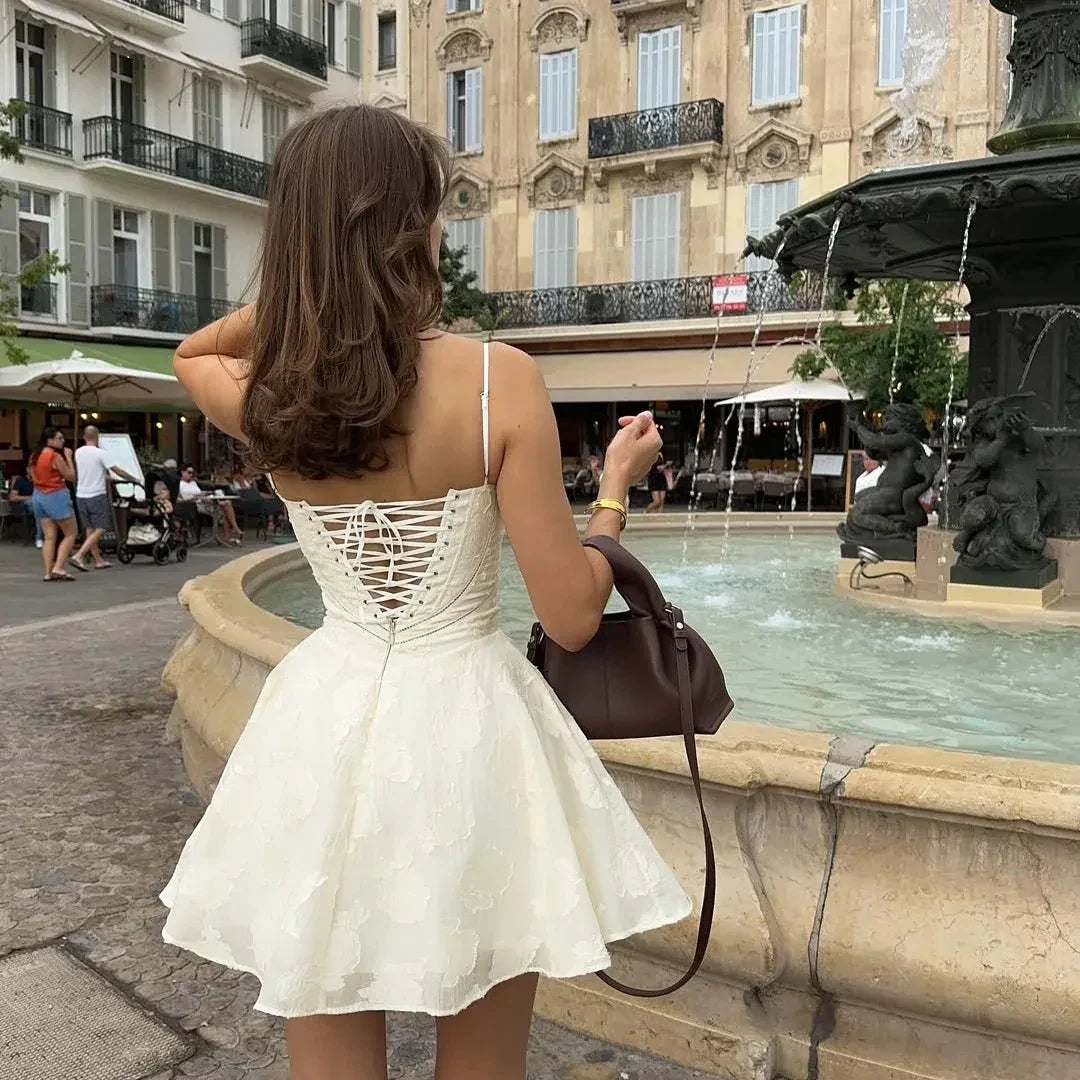 Jacquard Layered Lace Up Cami Mini Dress