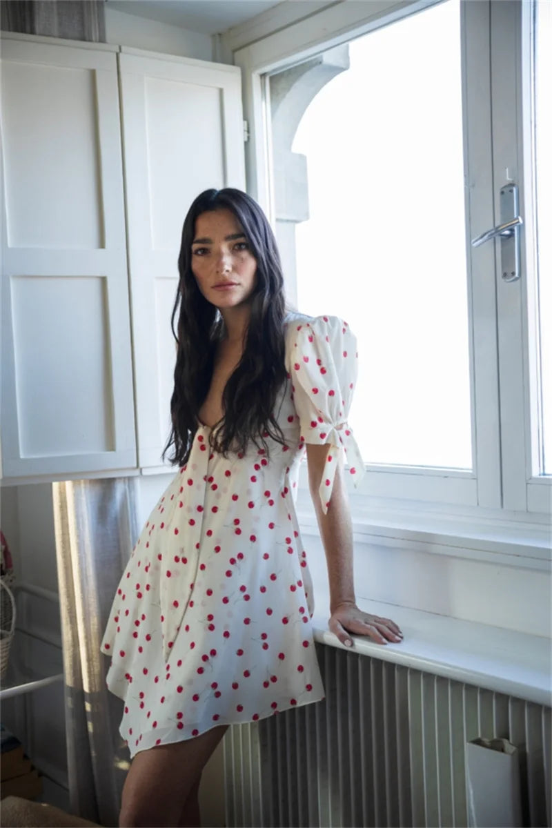 White Polka Dot Short Sleeve Mini Dress