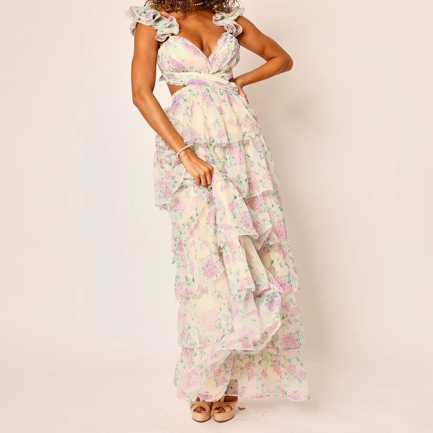 Floral Tiered Ruffles Maxi Dress - V-Neck A-Line