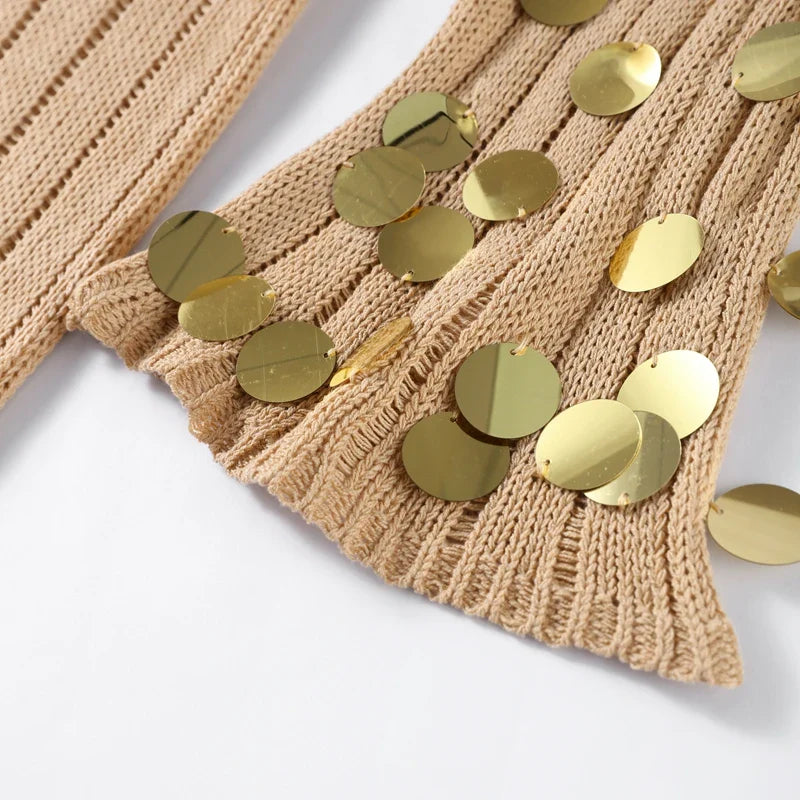 Beige Deep Neck Sequin Knitted Maxi Dress 