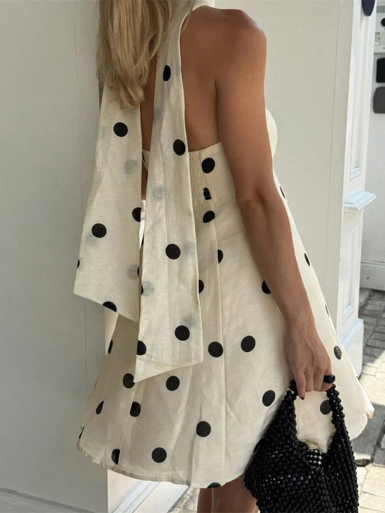 Tube White Polka Dot Strap Drape Mini Dress