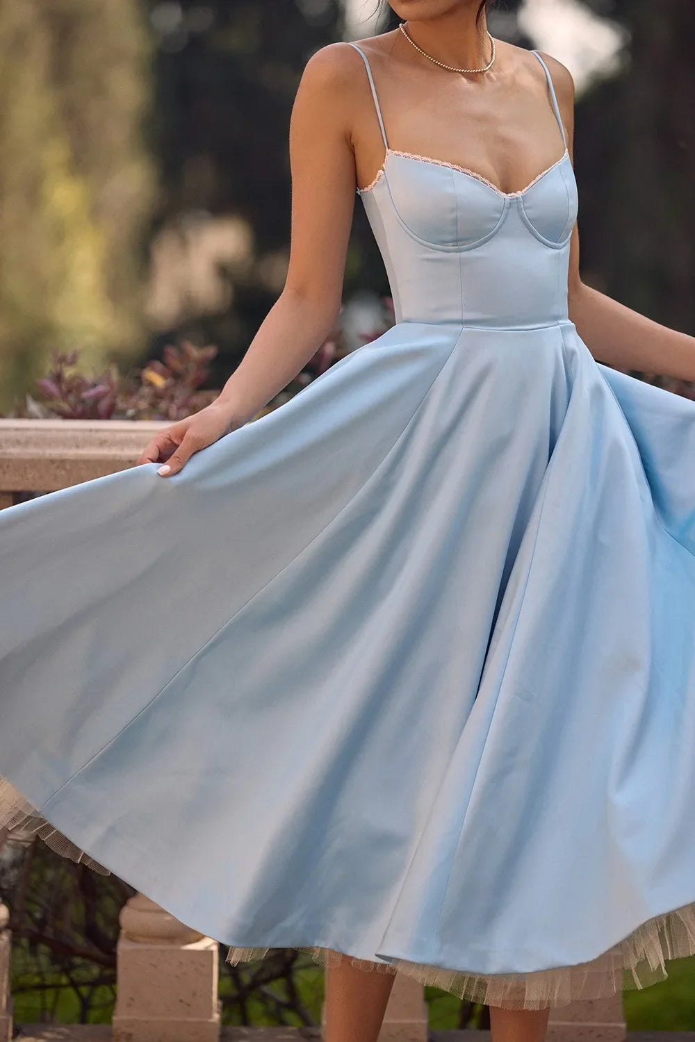 Satin Bustier Strap Tulle Midi Dress