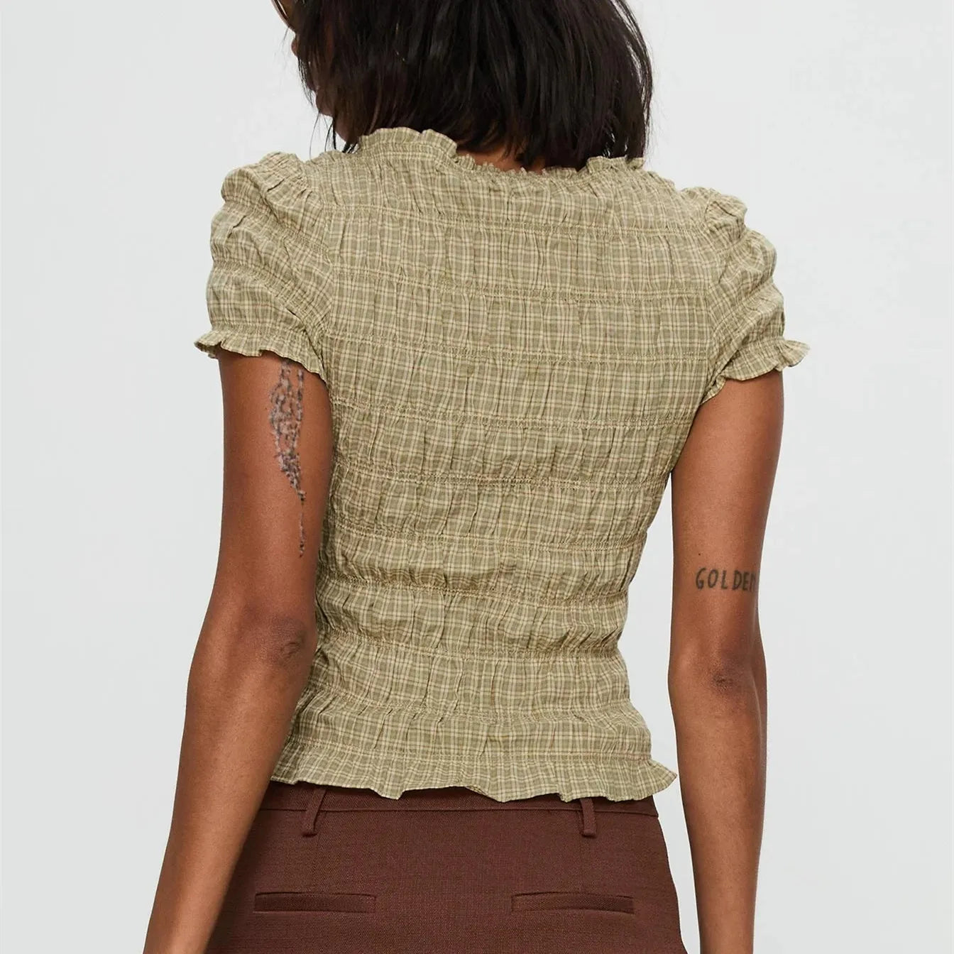 Smocked Short Sleeve Top - V-Neck Casual Tee