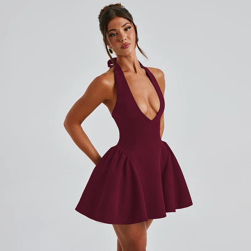Deep V-Halter Backless A-line Mini Dress