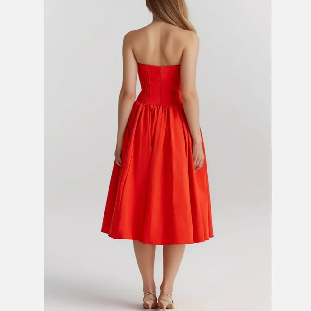 Red Bustier Pleated Flare Midi Dress