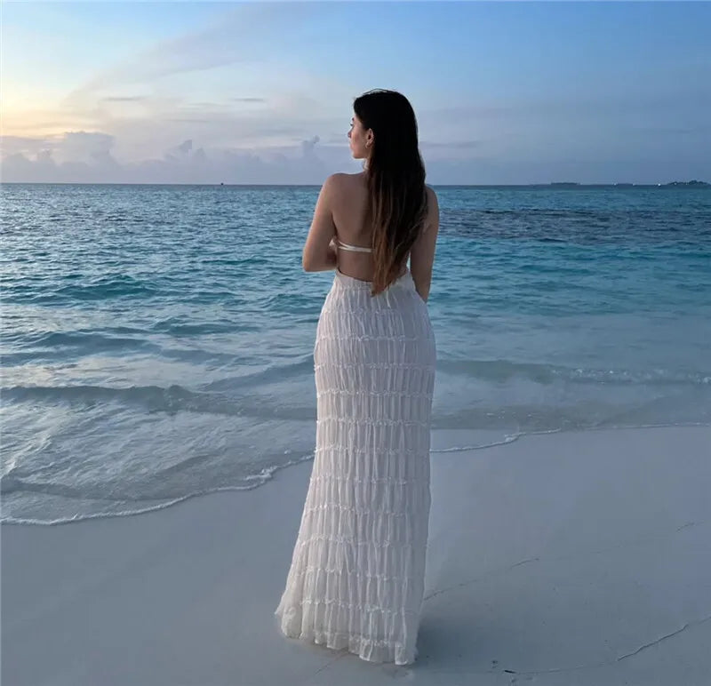 Halter Textured Open Back Maxi Dress