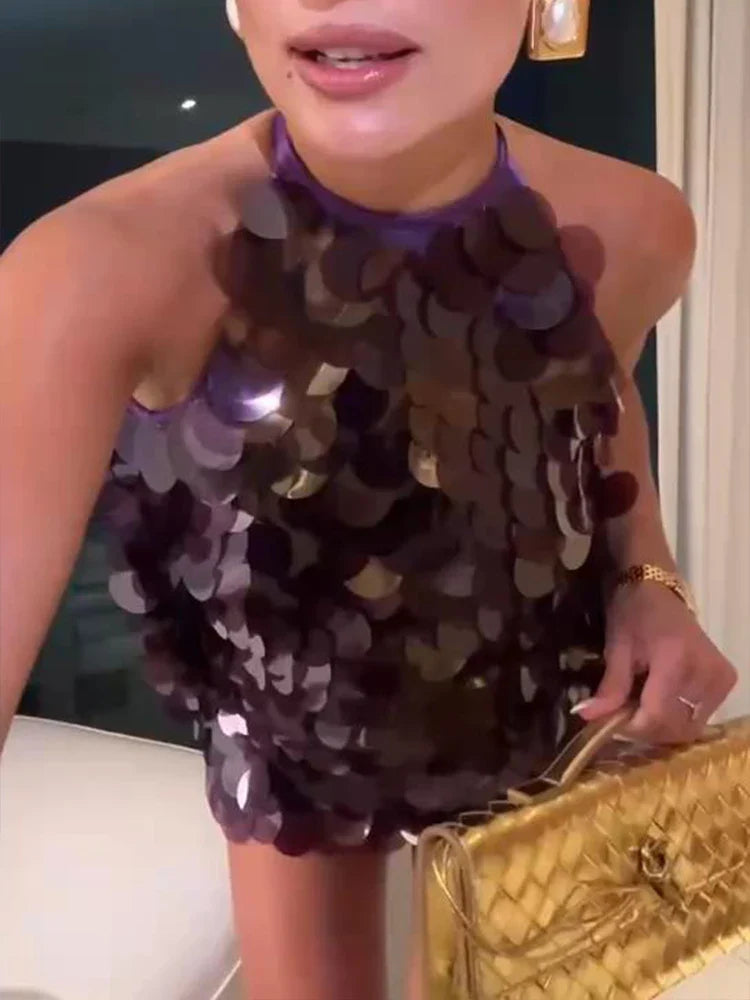 Halter Sequinned Open Back Mini Dress