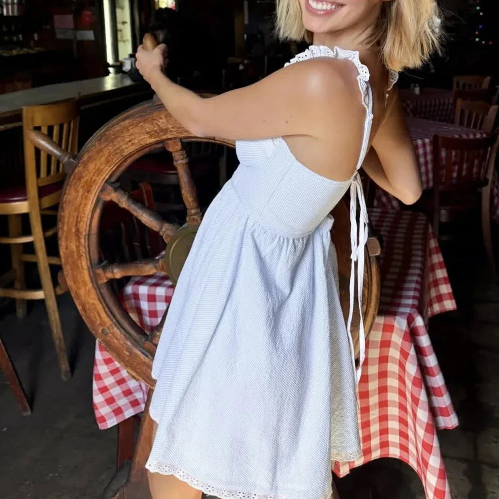 Blue Stripe Lace Trim Babydoll Mini Dress