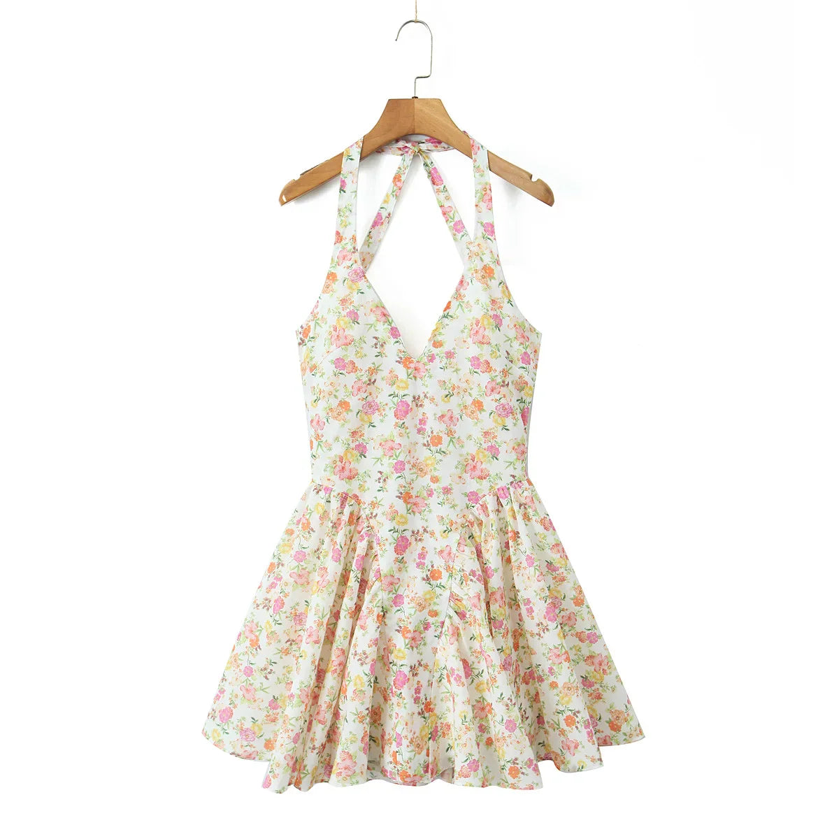 Floral Print Deep Halter Neck Mini Dress
