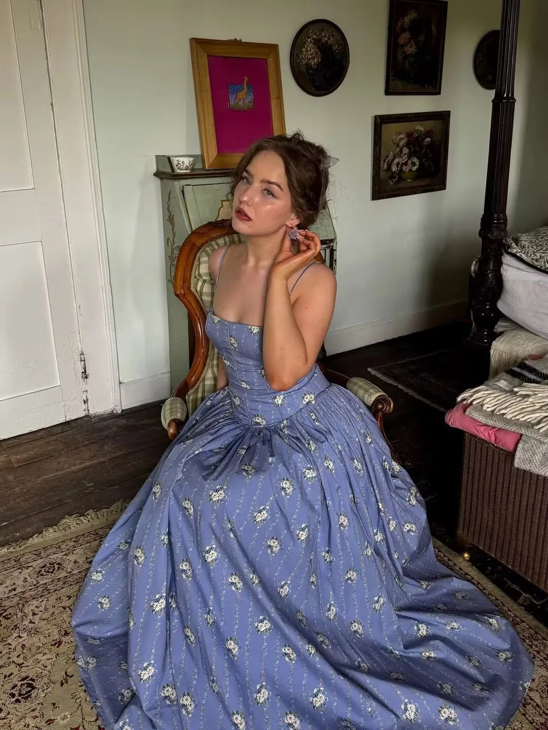 Purple Pleated Floral Print Strap Maxi Dress