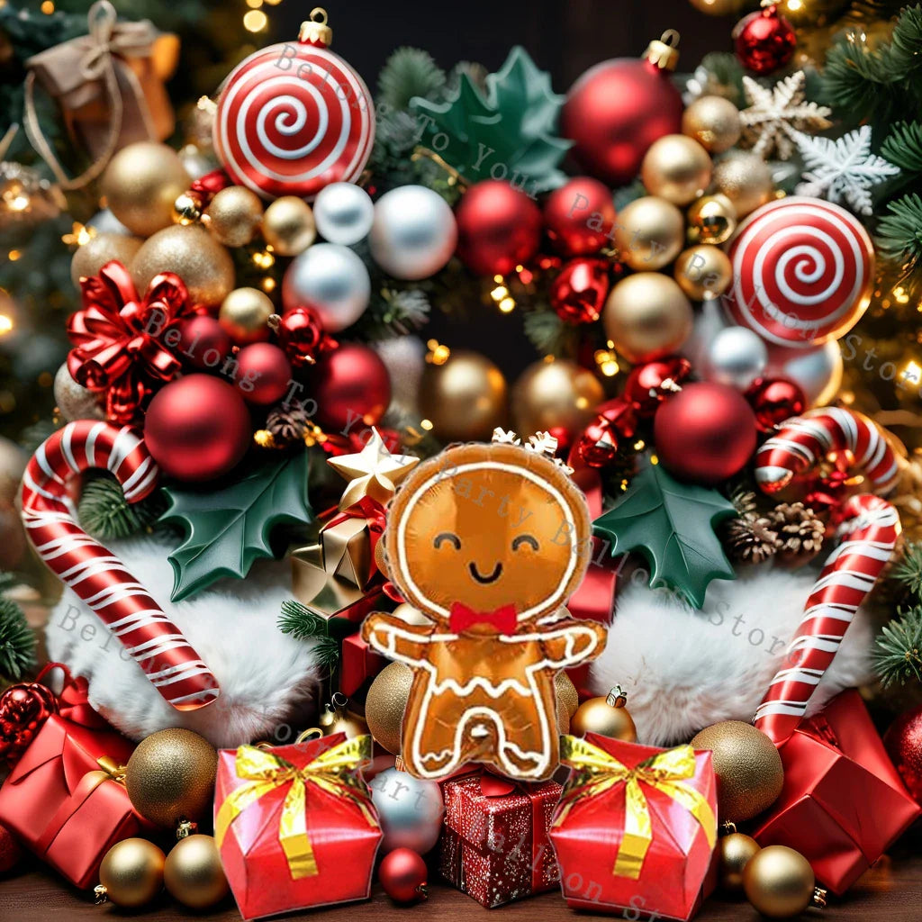 Decorations Christmas Balloons Garland Arch Red Metallic Gold With Gingerbread Man Stars Foil Balloon For Christmas Party Decor