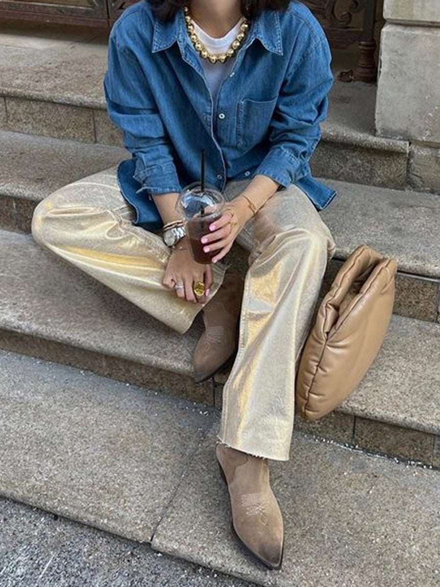 Metallic High Waist Denim Straight Leg Pants