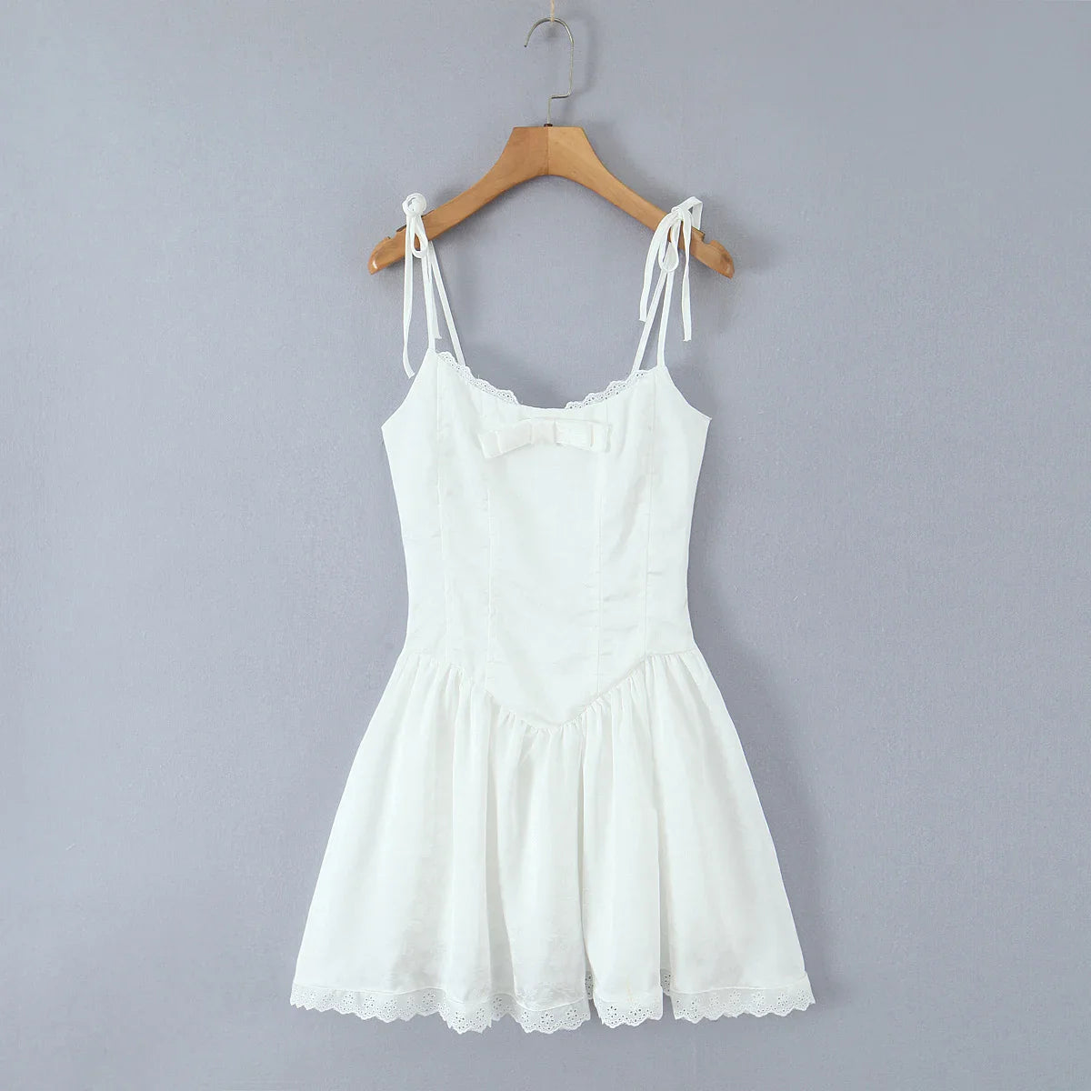 Tie Up Bow Lace Trim Flare Mini Dress