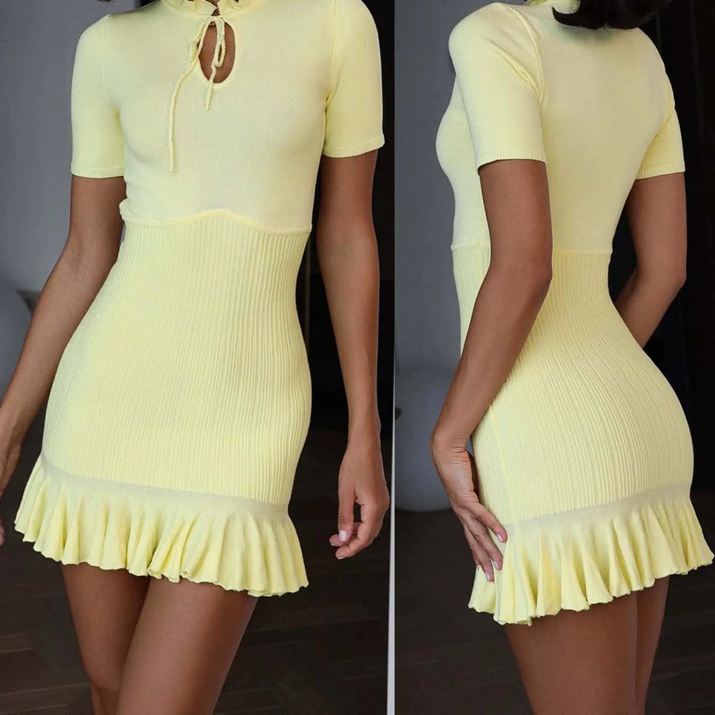 Knit Frill Collar Tie Mini Dress - High Street Chic