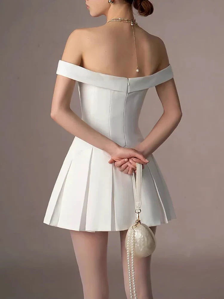 White Off Shoulder Flowers A-line Mini Dress