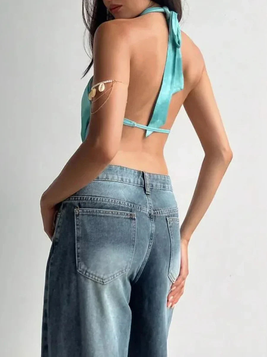 Blue Halter Shell Cowl Crop Top