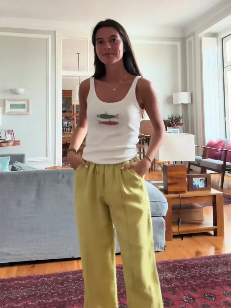 White 3d Beading Embroidery Tank Top