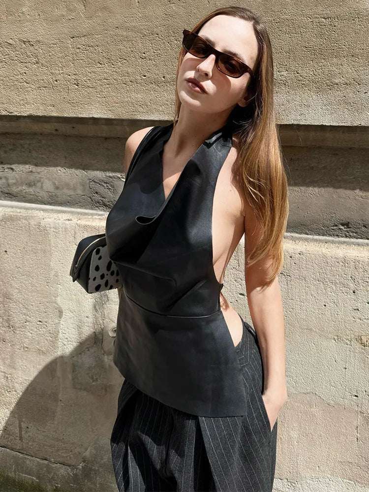 Black PU Halter Top