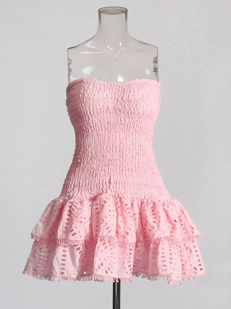 Ruched Strapless Embroidered Frill Mini Dress