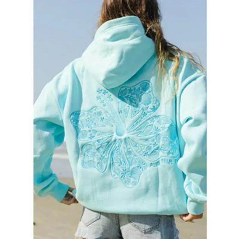 Palm Flower Embroidery Hoodie - Loose Fit Pullover