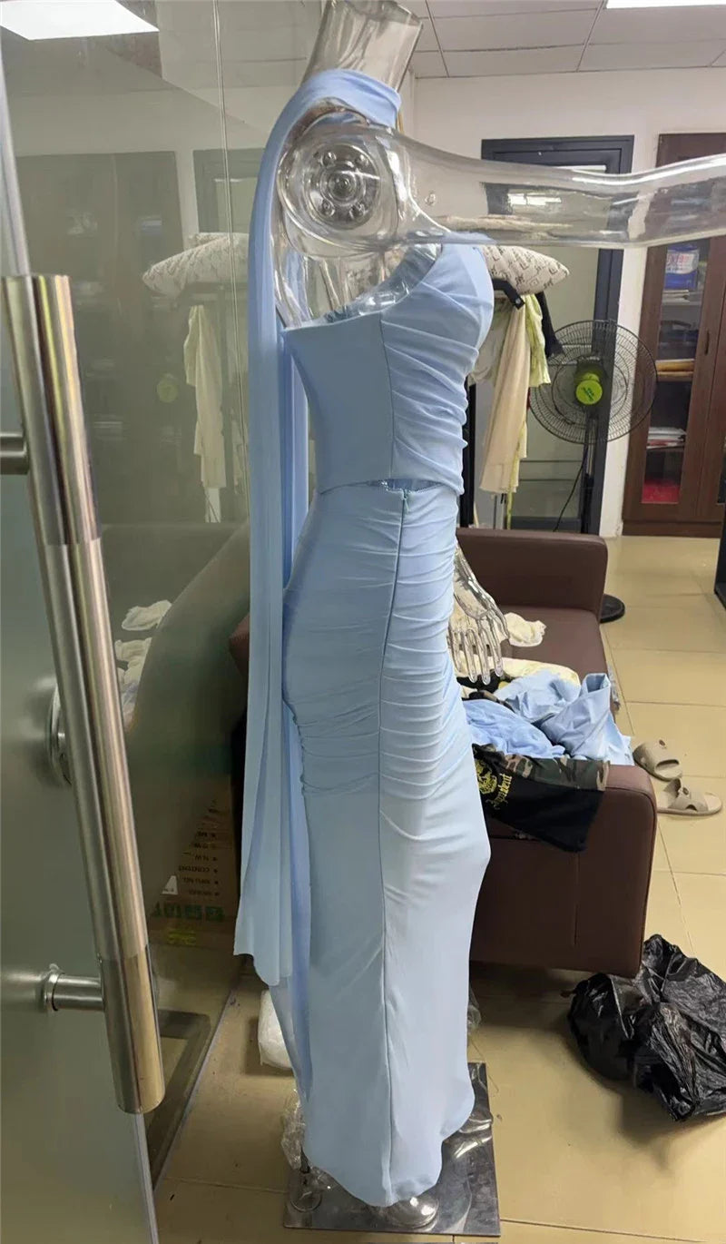 Solid Ruched Corset Top And Body-con Maxi Dress With Scarf Set