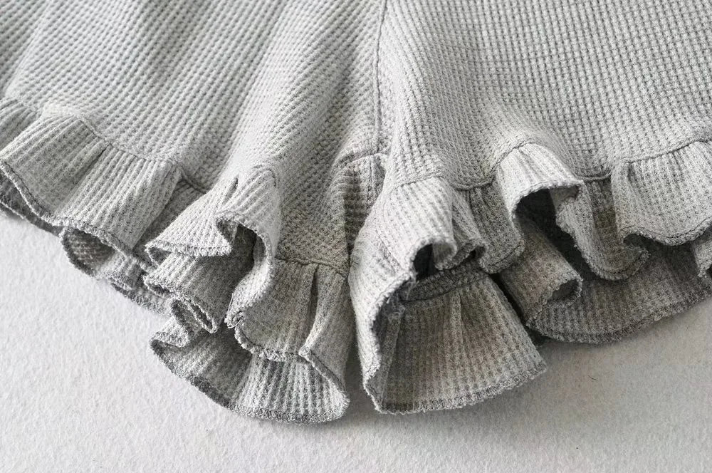 Ribbed Ruffle Trim Drawstring Waffle Shorts