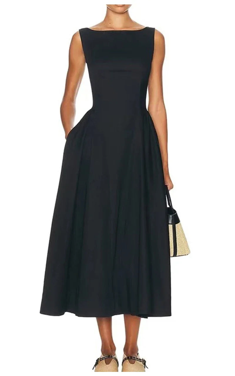 Solid Round Neck Waist A-line Sleeveless Midi Dress