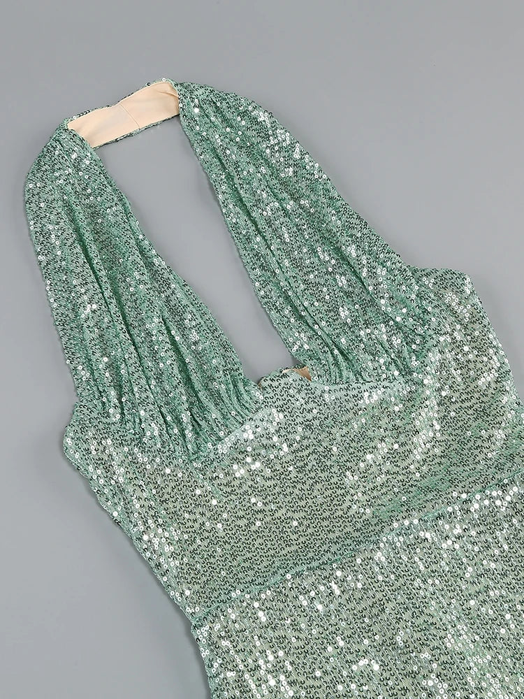 Sequin Halter Deep Neck Maxi Dress