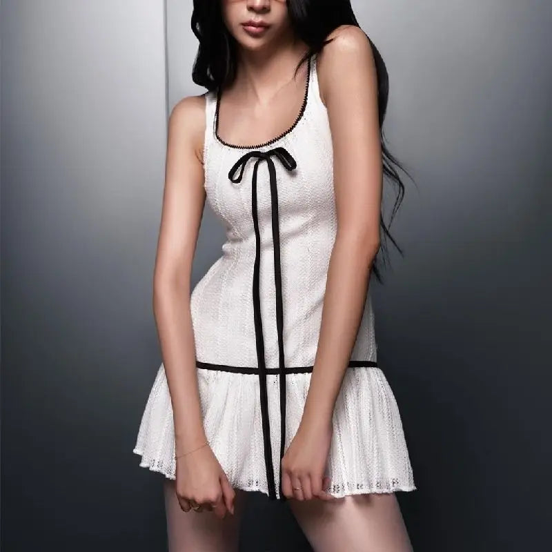 White Bow Frill Tank Mini Dress