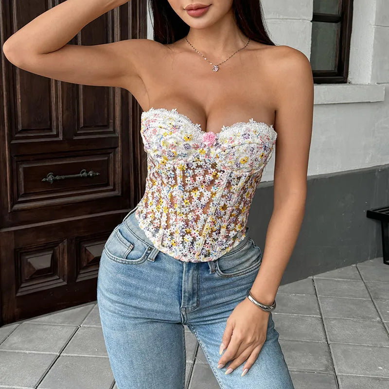 Flower Embroidery See Through Corset Top