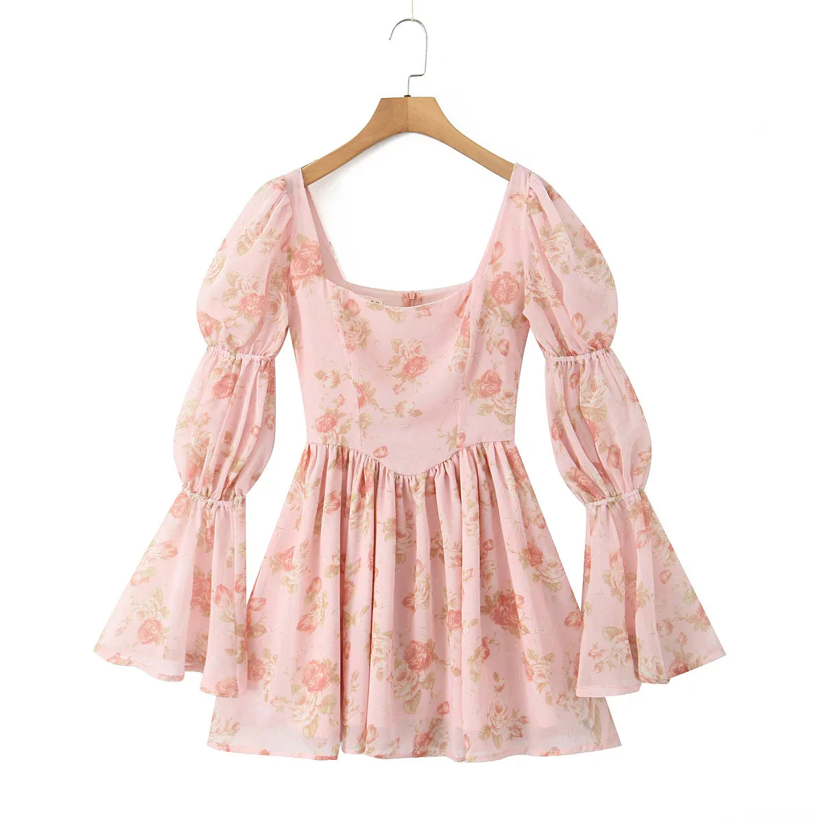 Floral Print Long Puff Sleeve Square Collar Mini Dress