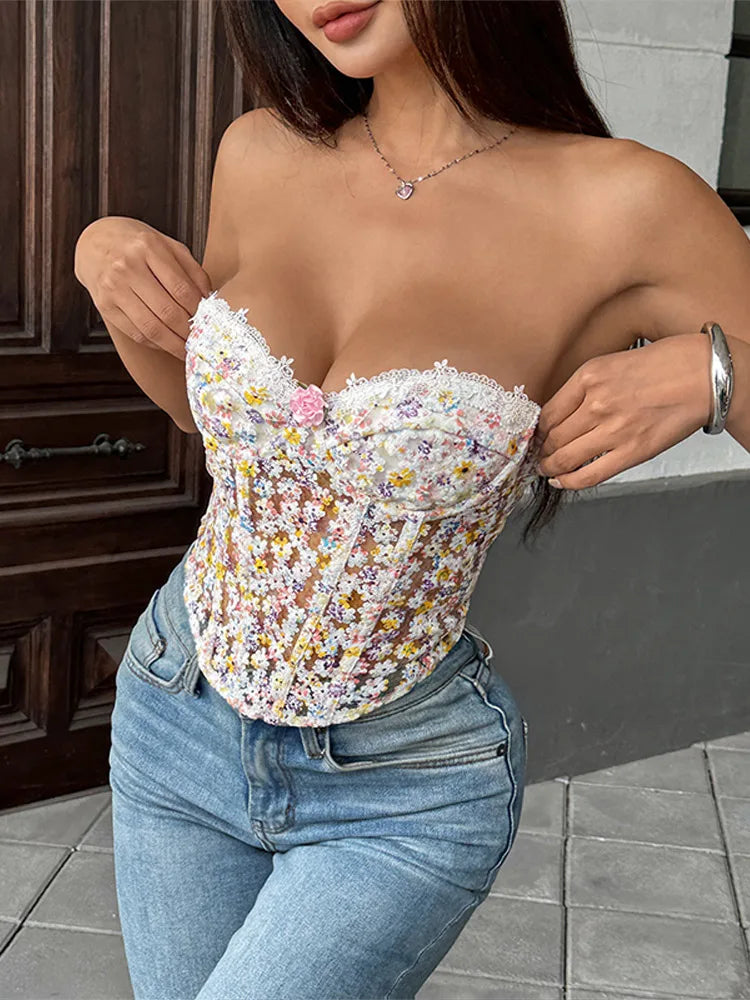 Flower Embroidery See Through Corset Top