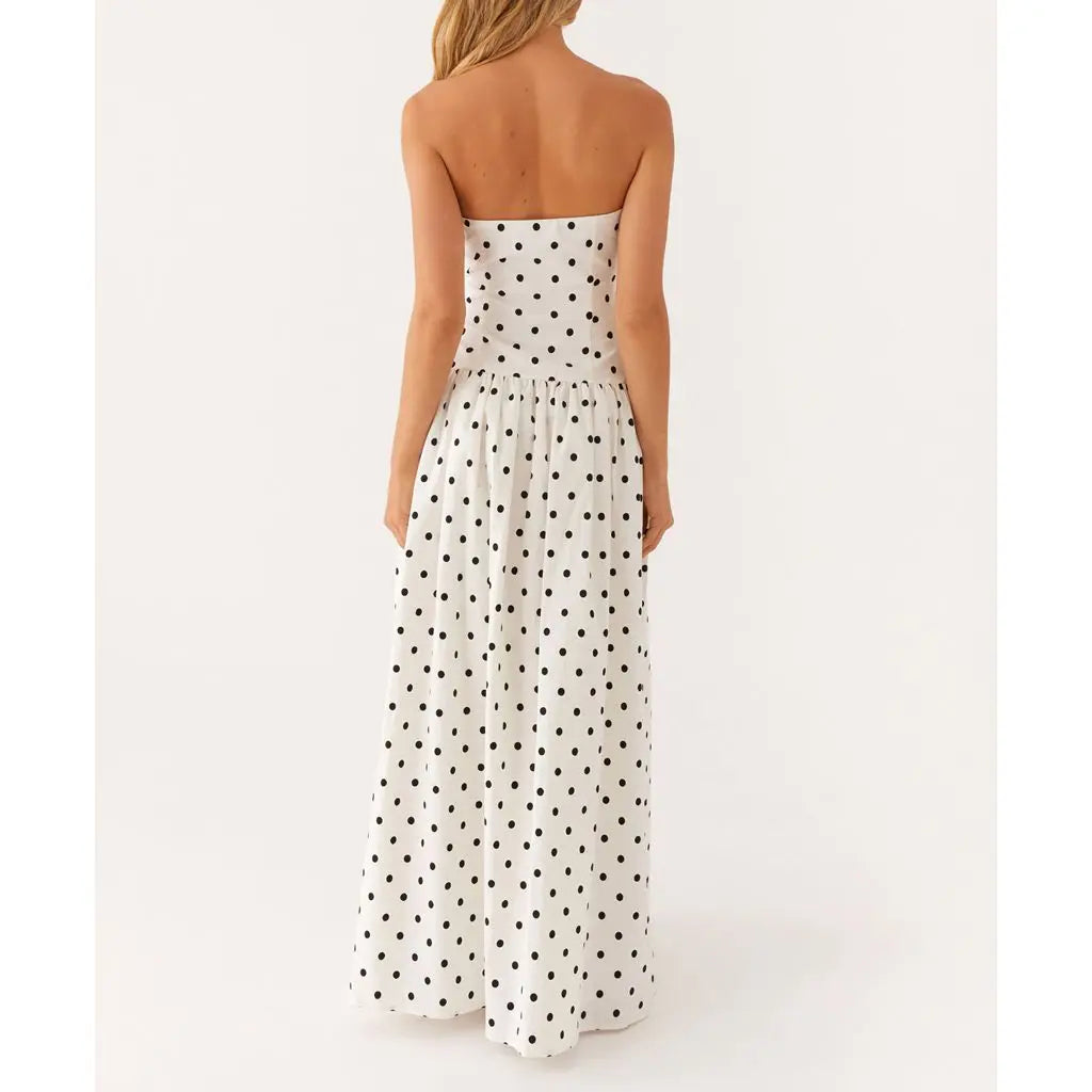 Strapless Dot/Floral Print Pleated Tube Long Dress - A-Line Fit
